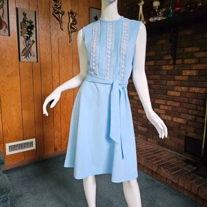 Vtg 70s Mod Hippie Brady Bunch Daisy Chain Lace Belted Toni Todd Day Dress M/L - Picture 1 of 10