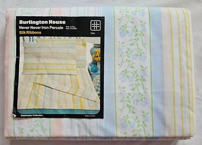 Vintage Silk Ribbons Fitted Sheet Queen Blue Peach Green Blend USA  MCM - Image 1 of 3
