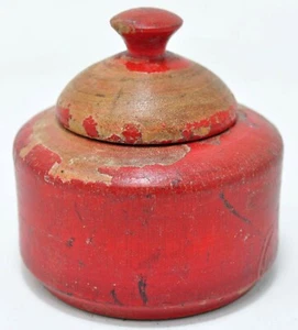Antique Wooden Kum Kum Powder Tika Box Original Old Hand Carved Lacquer Painted - Picture 1 of 7