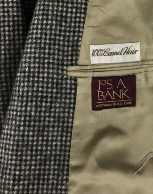 Vintage Jos A Bank Sport Coat Mens 42R Camel Hair Blazer Black White Houndstooth — 第 1/4 张图片