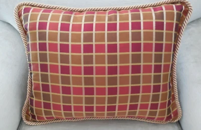 ❇️ PAIR (2) New Check SILK Cushion Covers ROPE TRIM Gold Bronze Cranberry OBLONG - image 1 of 4