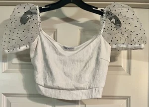 ZARA Organza Puff Sleeve With Velvet Dot Size M White Crop V Neck Side Zip - Picture 1 of 8