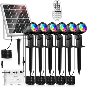 Solar Garden Lights Remote Control 6-in-1 RGB Spotlight IP66 Waterproof - Picture 1 of 8