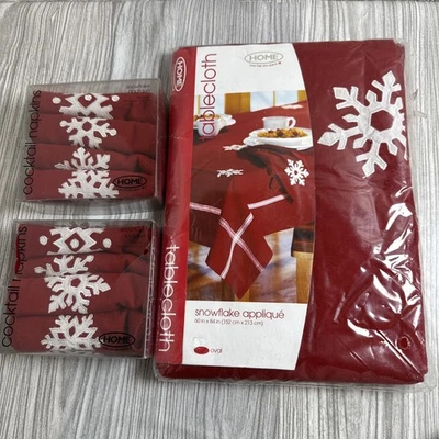 HOME Red White Snowflake Applique Cotton Oval Tablecloth 60x84 and 8 Napkins - Image 1 of 4