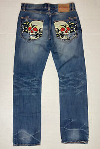 Vintage Y2K Ed Hardy Embroidered Skull Jeans 34 x 34 Lot 2008 Distressed