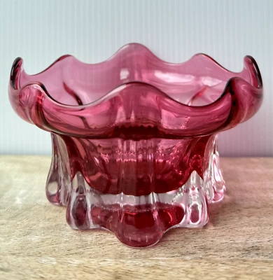 Cranberry Art Glass Candy Bowl Thumbprint Ruffled Edge Clear Base 5" Dia Heavy - Image 1 of 4