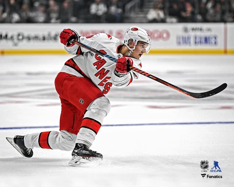 Sebastian Aho Carolina Hurricanes Unsigned White Jersey Shooting 8" x 10" Photo Cover