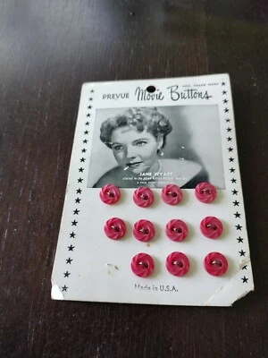 Vintage Prevue Movie Star Buttons 11 Red Plastic On Store Card, Jane Wyatt 3/8" - Image 1 of 3