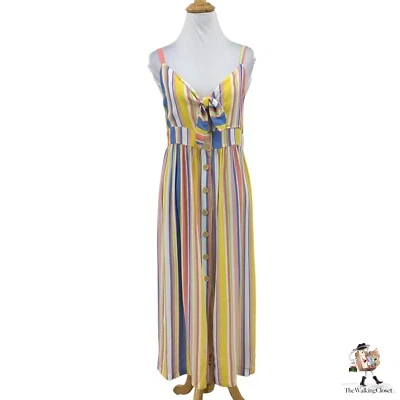 Lush Dress Womens M Medium Pastel Striped Tie Front Cut Out Button Through Midi Foto 1 de 4