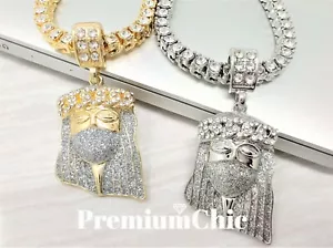 ICED Jesus Pendant & Tennis Choker Chain Gold Plated Hip Hop CZ Necklace Jewelry - Picture 1 of 9