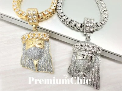 ICED Jesus Pendant & Tennis Choker Chain Gold Plated Hip Hop CZ Necklace Jewelry - Image 1 of 4