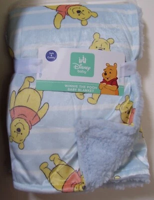 Disney Baby Winnie the Pooh Blue White Stripe Soft Cuddly Sherpa Baby Blanket - Image 1 of 2
