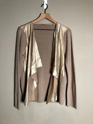 Elie Tahari 米色 开襟 Shiney Drapey 羊皮羊毛开衫毛衣 M — 第 1/4 张图片