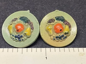 Pair Of Vintage Buttons Bakelite Platters of Fruit with Painted Accents - 7/8" - Picture 1 of 2