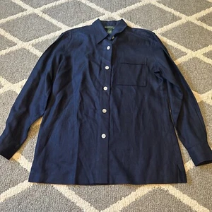 Ralph Lauren Linen Shirt Womens Small Button Up Navy Blue Pocket Long Sleeve - Picture 1 of 4