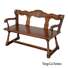 Vintage French Country Farmhouse Brown Oak Two Seater Bench Settee ,