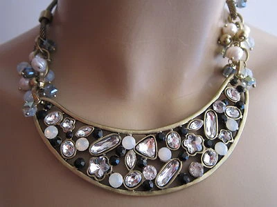 Damen Collier Hals Kette kurz Modekette Strass Gold Perlen Statement Blogger e70 - Bild 1 von 4