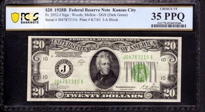 1928 B $20 FEDERAL RESERVE NOTE KANSAS CITY FR.2052-J PCGS B CHOICE VF 35 PPQ - Picture 1 of 2