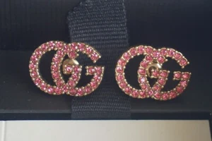 100% GUCCI Earrings logo gg gold & pink box & duster - Picture 1 of 4
