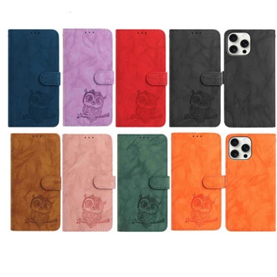 Phone Cover for iPhone 16E 16 15 14 13 12 11 8 XS Owl Embossed Flip Wallet Case - Image 1 of 4