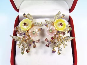 TOURMALINE TSAVORITE RUBY MOP FLOWERS & BIRD EARRINGS - 14k ROSE GOLD/925 SILVER - Picture 1 of 7