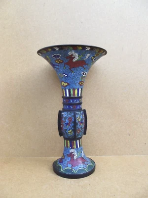 ancien grand vase GU Chine bronze émaux cloisonnés fond bleu chevaux signé - Photo 1/4