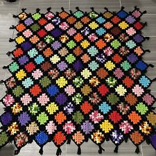 Vintage Granny Square Afghan Throw Crocheted Black Blanket Flower Pattern 58”x58
