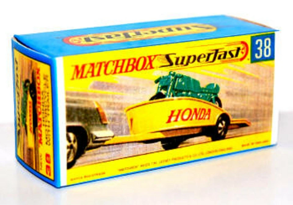 Matchbox Superfast No 38 HONDA MOTORCYCLE & TRAILER Repro  Empty Box style G - Image 1 of 1