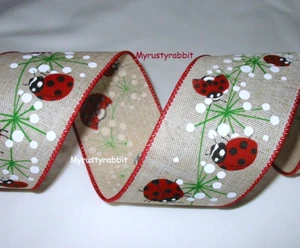 2-1/2" Ladybug Linen Look Wired Edge Ribbon ~ 5 Yards Wreath Bow Garden - Picture 1 of 2