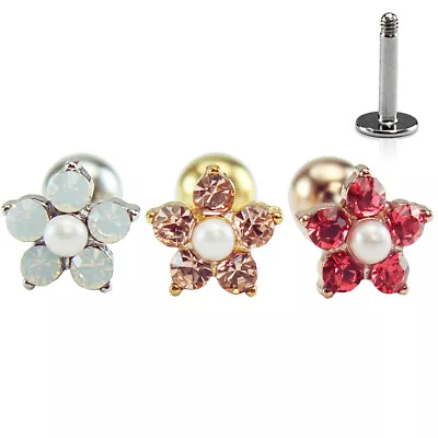 16g Pearl flower cartilage earring, helix conch tragus labret stud piercing 1pc - Image 1 of 4