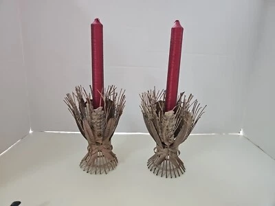 2 Candelabros Cónicos de Trigo Dorado Rústico Envejecido Metal Cosecha de Otoño Acción de Gracias Foto 1 de 4