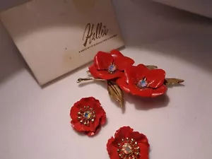 Antique Estate Jewelry Signed CORO Set Brooch & Earrings Red Flower - Picture 1 of 8