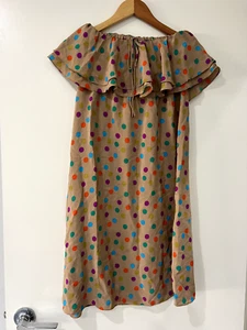 Gorman Polka Dot Silk Off The Shoulder Ruffle Mini Dress Brown Size 10 - Picture 1 of 9