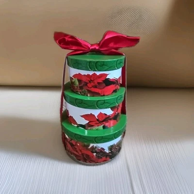 3 Christmas Nesting Gift Boxes Round Pointsettia Stackable Boxes Red Ribbon Tie - Image 1 of 4