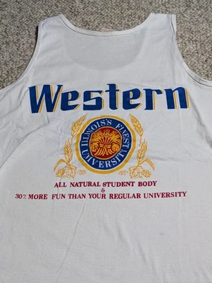 Camiseta sin mangas vintage para hombre con temática de fiesta de cerveza Western Illinois University años 80 grande Foto 1 de 4