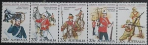 AUSTRALIA 1985 COLONIAL MILITARY UNIFORMS STAMPS IN STRIP OF 5 MNH OG AU1985 - Picture 1 of 2