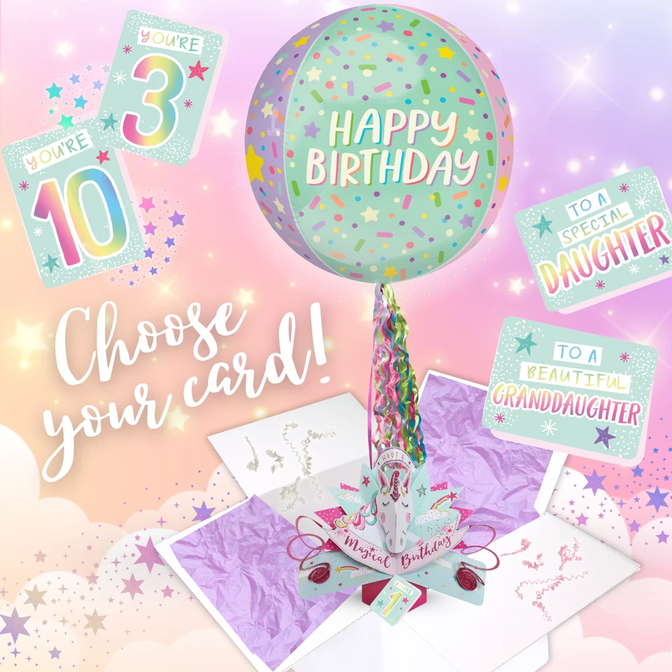 Birthday Girls Unicorn Pop Up Card & Floating Balloon In A Box Surprise - Image 1 of 1