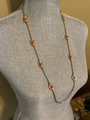 Beautiful Ann Taylor Gold Tone Chain Necklace Gold Tone 32” Long Orange Beads - Image 1 of 4