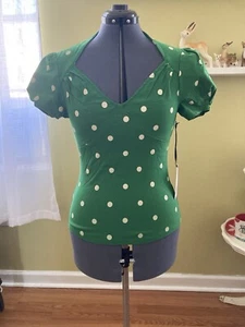Unique Vintage Green And Pink Polka Dot Chloe Top - Picture 1 of 5