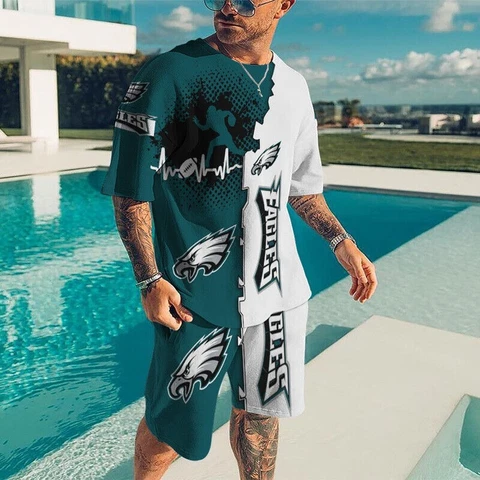 Philadelphia Eagles 2PCS Wears Men Summer Short Sleeve T-Shirts Beach Shorts Cover