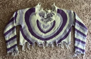 Rue21 Purple And White Distressed Heart Crop Top Sweater 100% Acrylic Size S - Picture 1 of 4