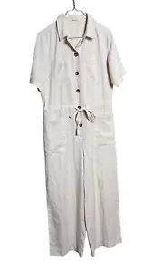 Marine Layer Button Up Short Sleeve Tie Cinch Waist Jumpsuit Sz L Ivory - Picture 1 of 9
