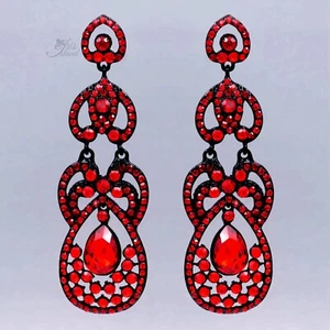 Long Red Chandelier Dangle Earrings Crystal Rhinestone Women Wedding Prom 955 - Picture 1 of 4