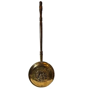 Vintage Brass Warming Pan with Embossed Medieval Scene Wood Handle Wall Decor - Picture 1 of 12