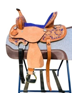 Genuine Leather Western Horse Barrel Saddle, Floral Design 10" To 18" - Picture 1 of 12