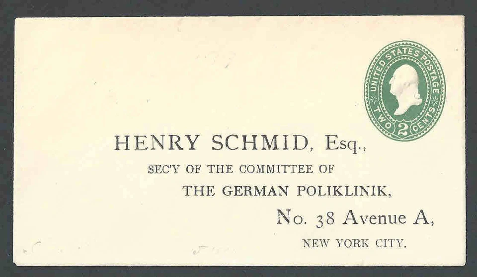 1874 U311 2c Green On White Mint Entire Die 88 Size 3 Preaddressed To The---- - Image 1 of 1