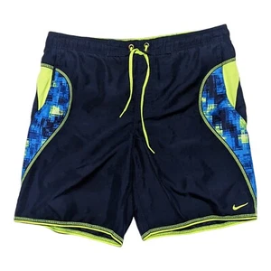 Nike Shorts Men's M Navy Blue Neon Yellow Board Short Swim Trunks EUC - Picture 1 of 2