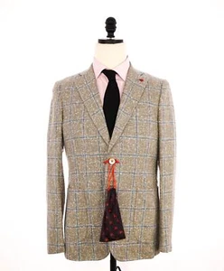 $4,695 ISAIA - WOOL / SILK/ LINEN Blue/Beige Check "CORTINA" Blazer - 38R - Picture 1 of 10
