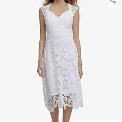 NWT Guess Womens Chemical Lace Midi Dress White 12 Scalloped Hem Sweetheart Neck - Image 1 of 4