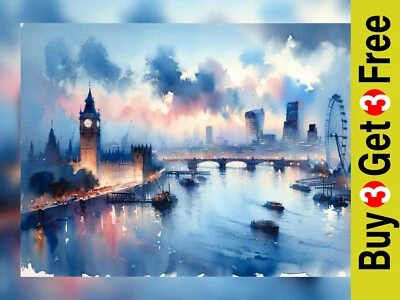Elegante impresión en acuarela del horizonte de Londres - arte del paisaje urbano - decoración de 5" x 7" pulgadas Foto 1 de 4